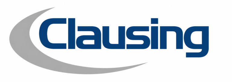 Clausing logo with a gray swoosh 1